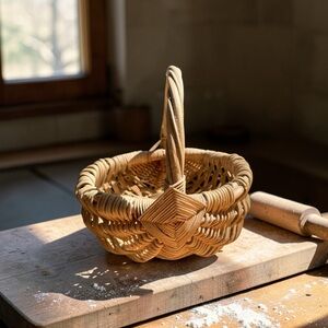 Vtg Wicker Melon Buttocks Gathering Basket Farmhouse Cottagecore Decor